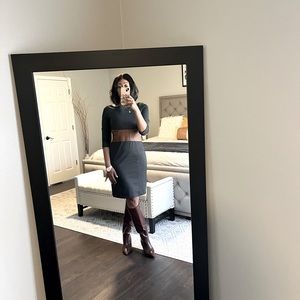 Venus Grey Midi Sweater Dress with Cognac faux leather middle detailing